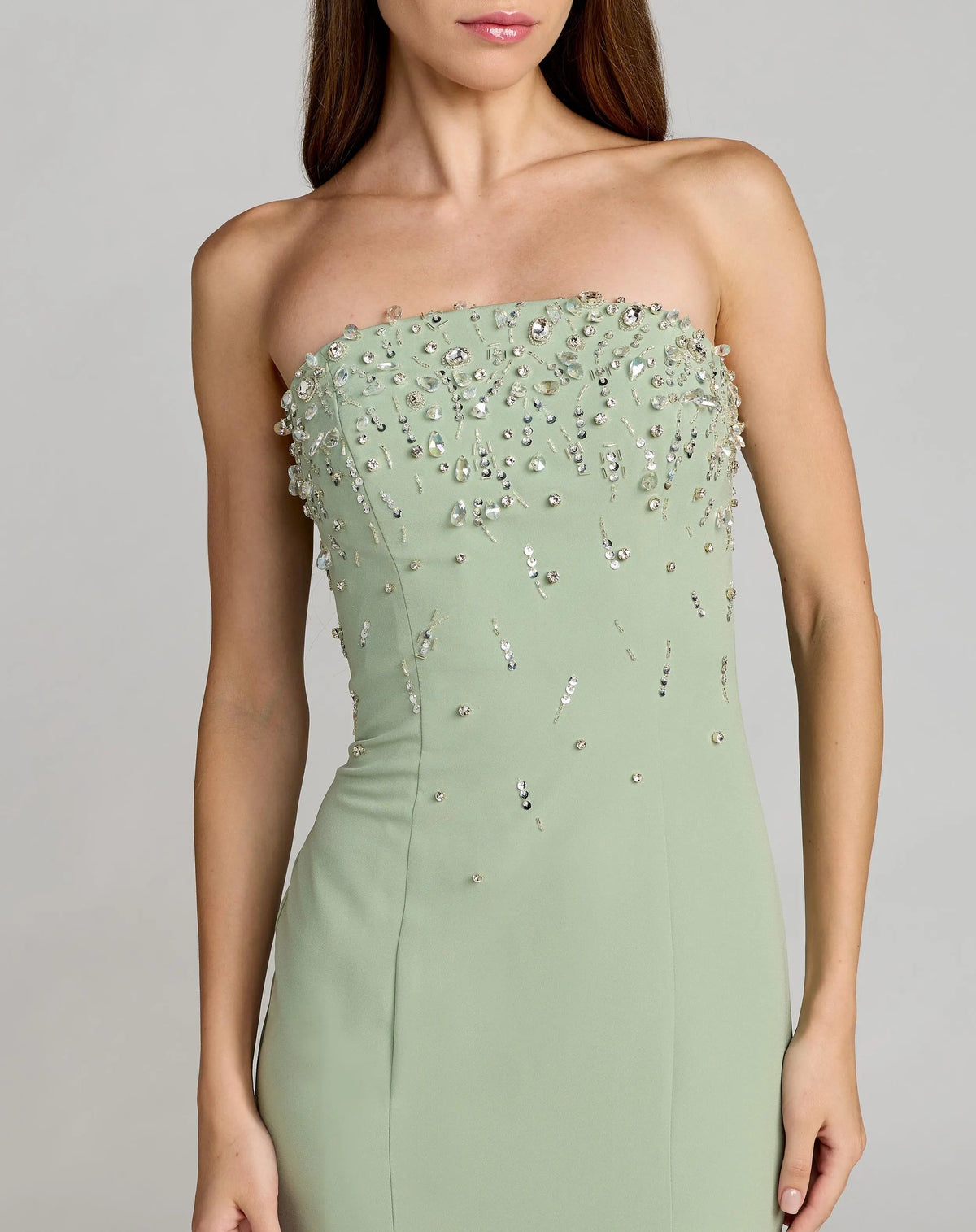 Mac Duggal Sage Green Strapless Embellished Crepe Mermaid Gown