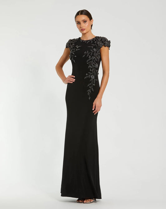 Mac Duggal Black Cap Sleeve Jersey Column Gown With Beaded Flowers