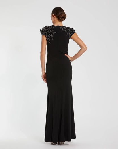 Mac Duggal Black Cap Sleeve Jersey Column Gown With Beaded Flowers