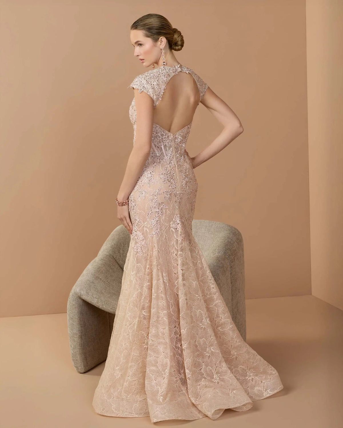 Mac Duggal Pink Embroidered Lace Mermaid Gown With Cap Sleeves
