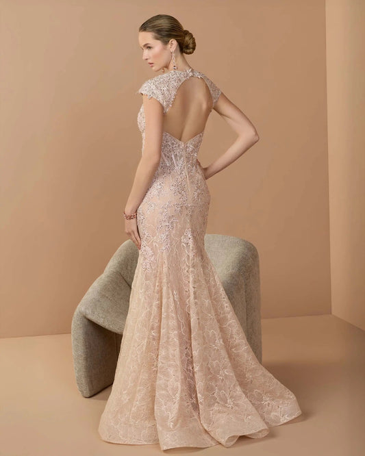 Mac Duggal Pink Embroidered Lace Mermaid Gown With Cap Sleeves