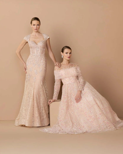 Mac Duggal Pink Embroidered Lace Mermaid Gown With Cap Sleeves