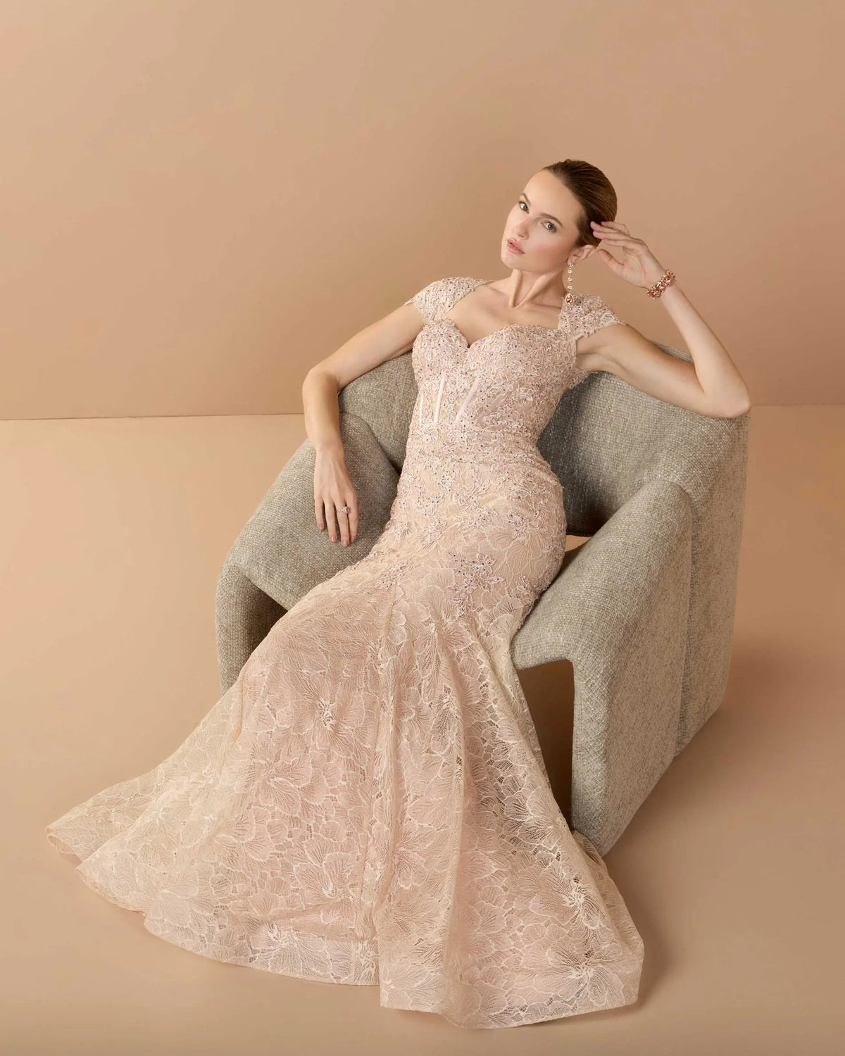 Mac Duggal Pink Embroidered Lace Mermaid Gown With Cap Sleeves