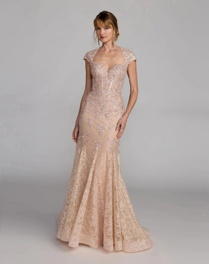 Mac Duggal Pink Embroidered Lace Mermaid Gown With Cap Sleeves