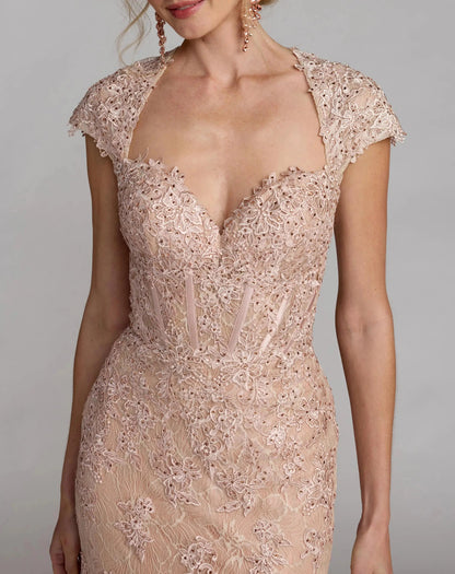 Mac Duggal Pink Embroidered Lace Mermaid Gown With Cap Sleeves