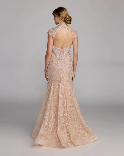 Mac Duggal Pink Embroidered Lace Mermaid Gown With Cap Sleeves