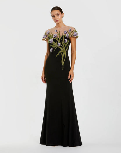Mac Duggal Black High Neck Floral Embroidered Jersey Gown