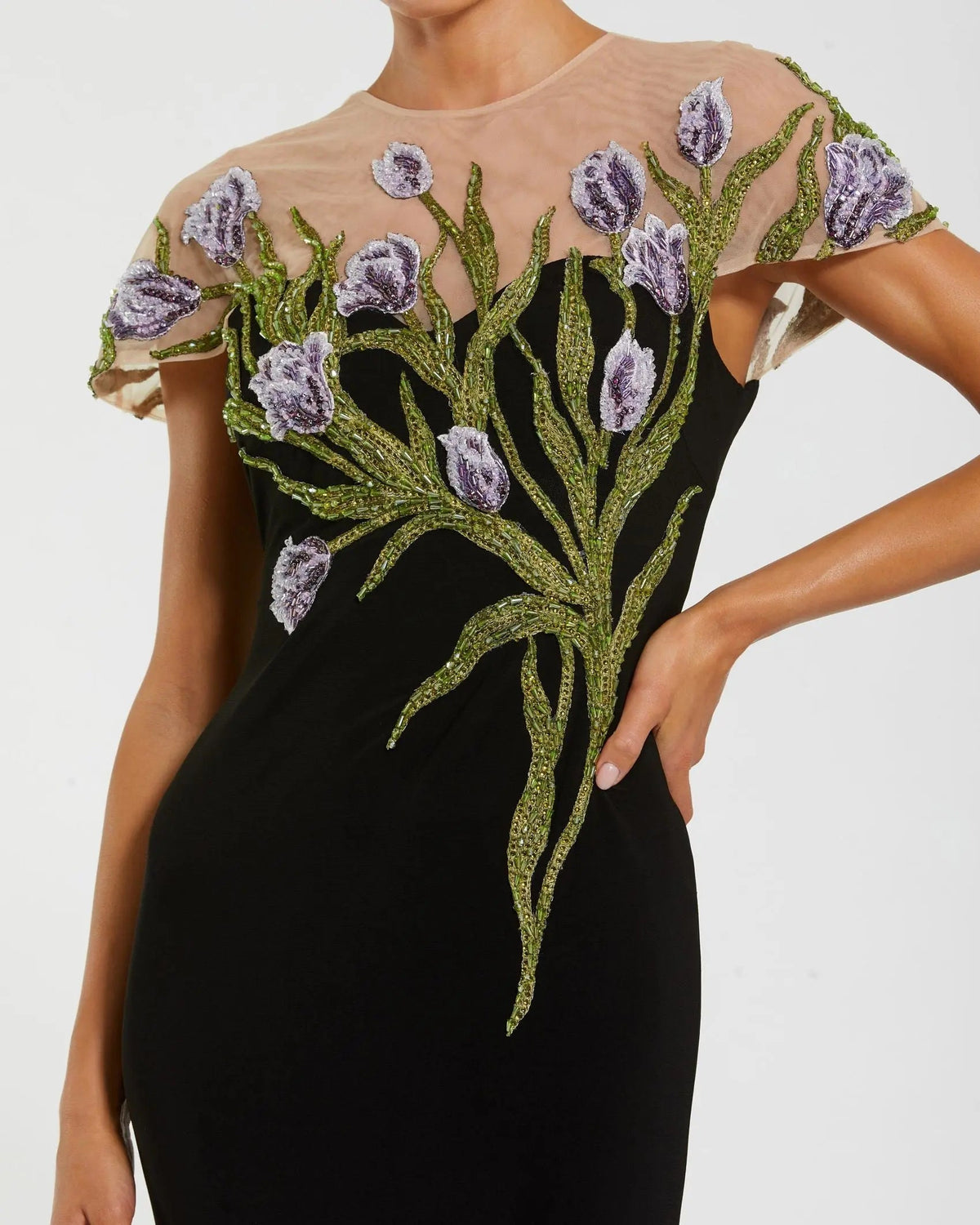 Mac Duggal Black High Neck Floral Embroidered Jersey Gown
