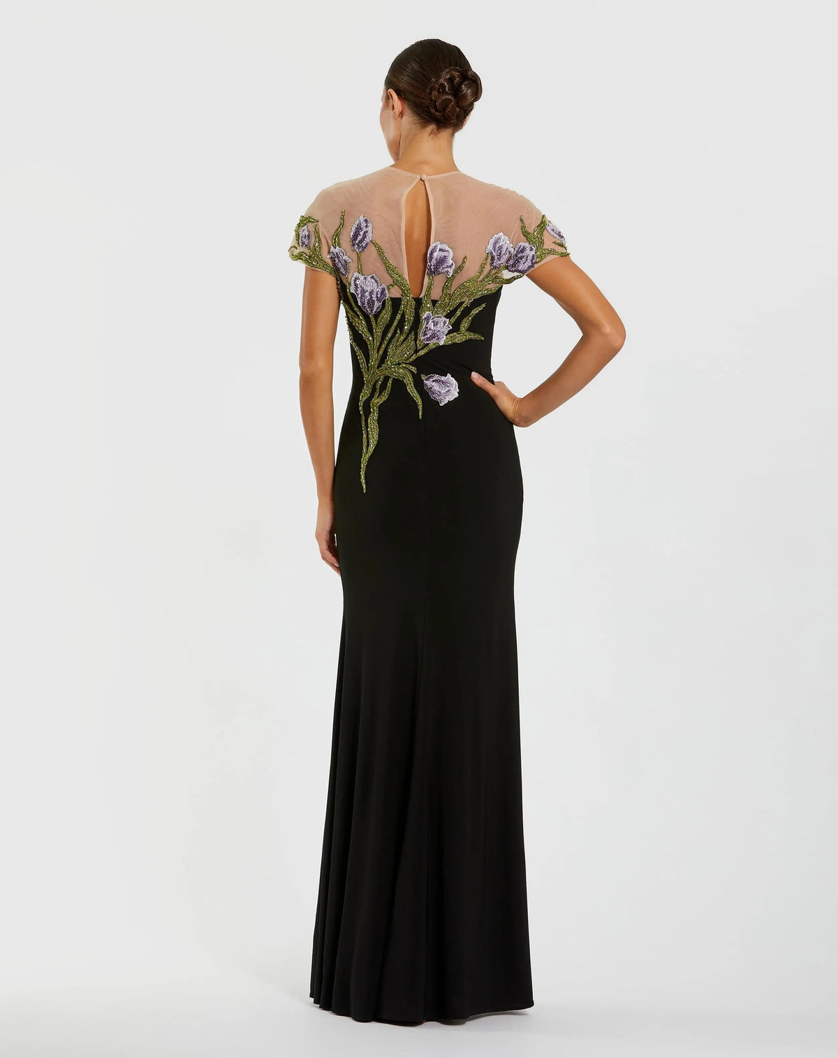 Mac Duggal Black High Neck Floral Embroidered Jersey Gown