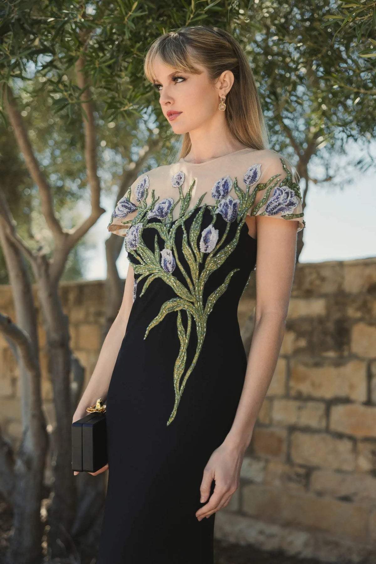 Mac Duggal Black High Neck Floral Embroidered Jersey Gown