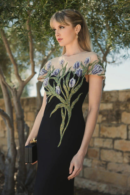 Mac Duggal Black High Neck Floral Embroidered Jersey Gown