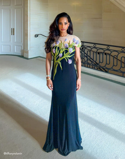 Mac Duggal Black High Neck Floral Embroidered Jersey Gown