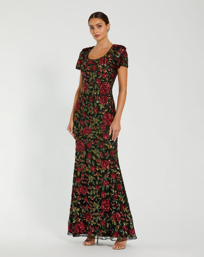 Mac Duggal Multicolor Floral Sequin Scoop Neck Trumpet Gown