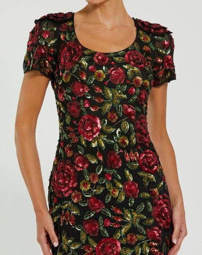Mac Duggal Multicolor Floral Sequin Scoop Neck Trumpet Gown