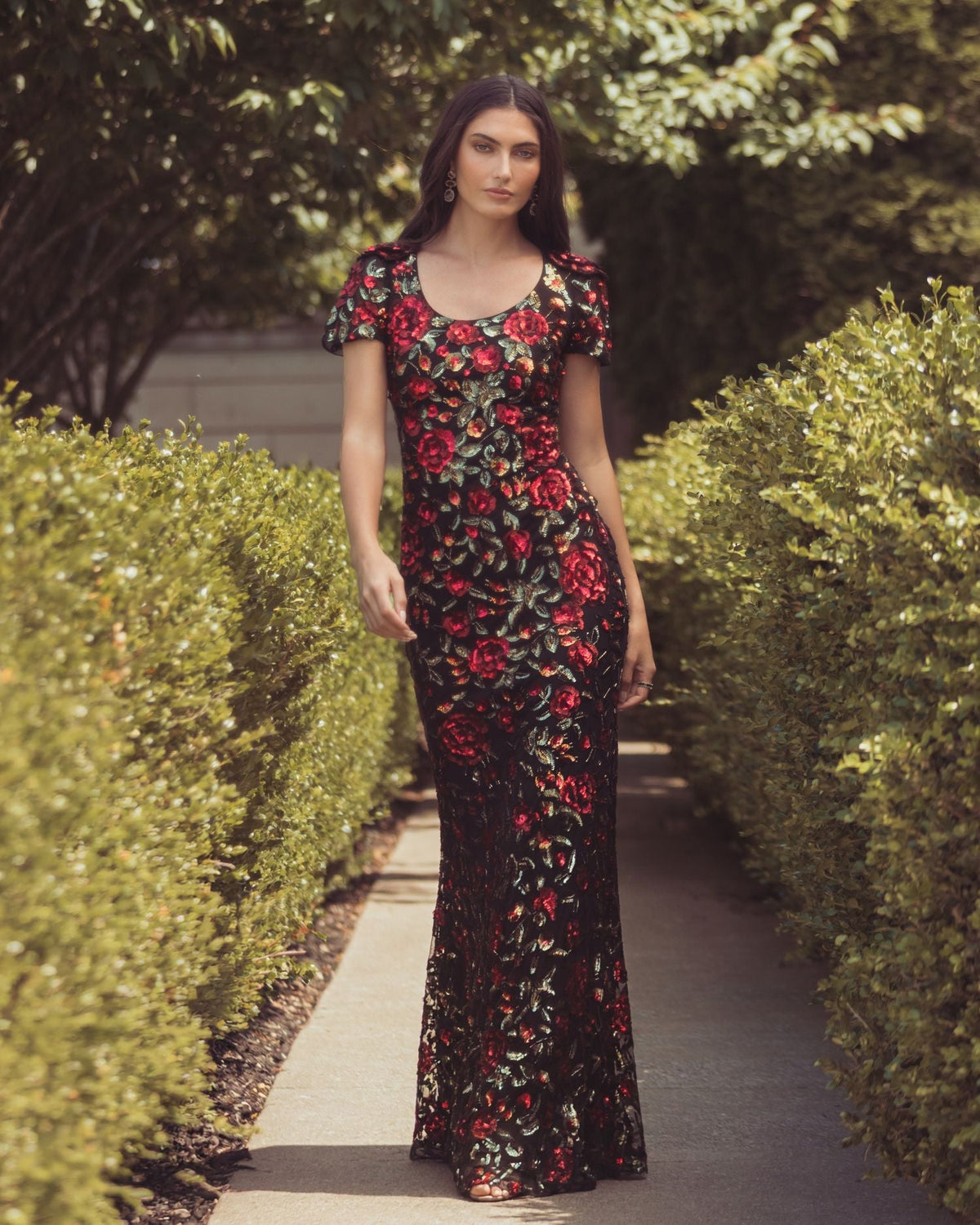 Mac Duggal Multicolor Floral Sequin Scoop Neck Trumpet Gown