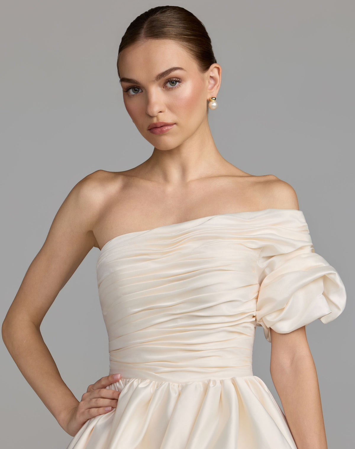 Mac Duggal Ivory One Sleeve Bubble Hem Mini Dress | Mac Duggl