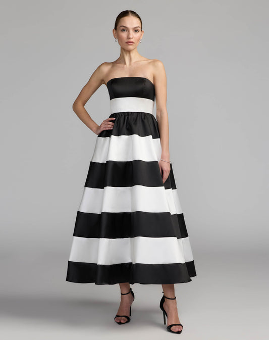 Mac Duggal Black and White Striped Strapless Mikado Midi Dress