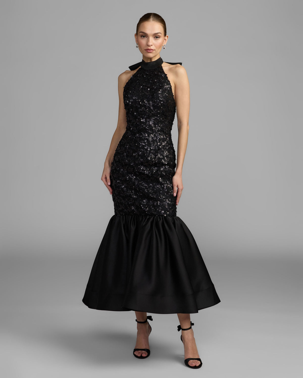 Mac Duggal Black Sequin Halter Bow Midi Dress
