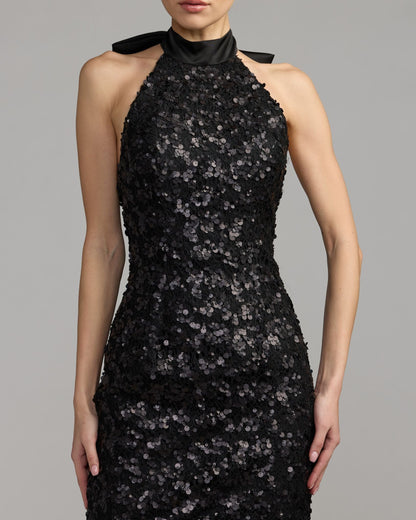 Mac Duggal Black Sequin Halter Bow Midi Dress