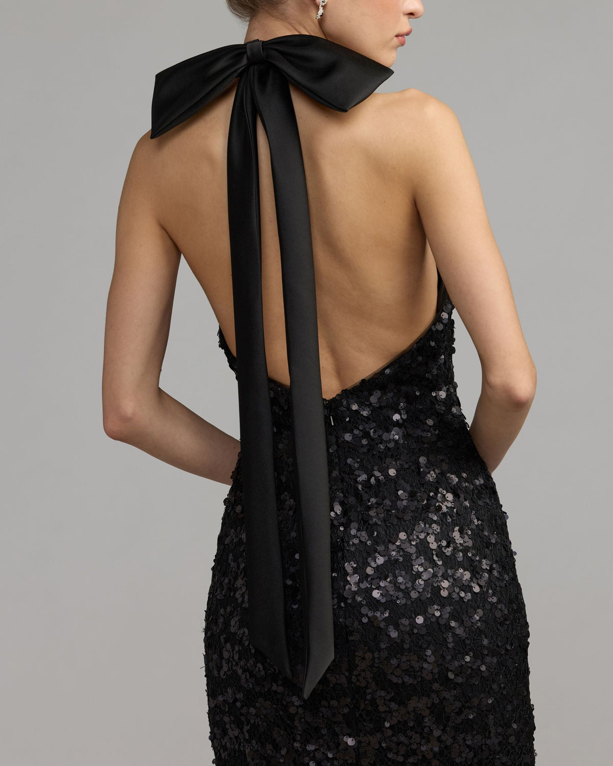 Mac Duggal Black Sequin Halter Bow Midi Dress
