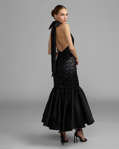 Mac Duggal Black Sequin Halter Bow Midi Dress