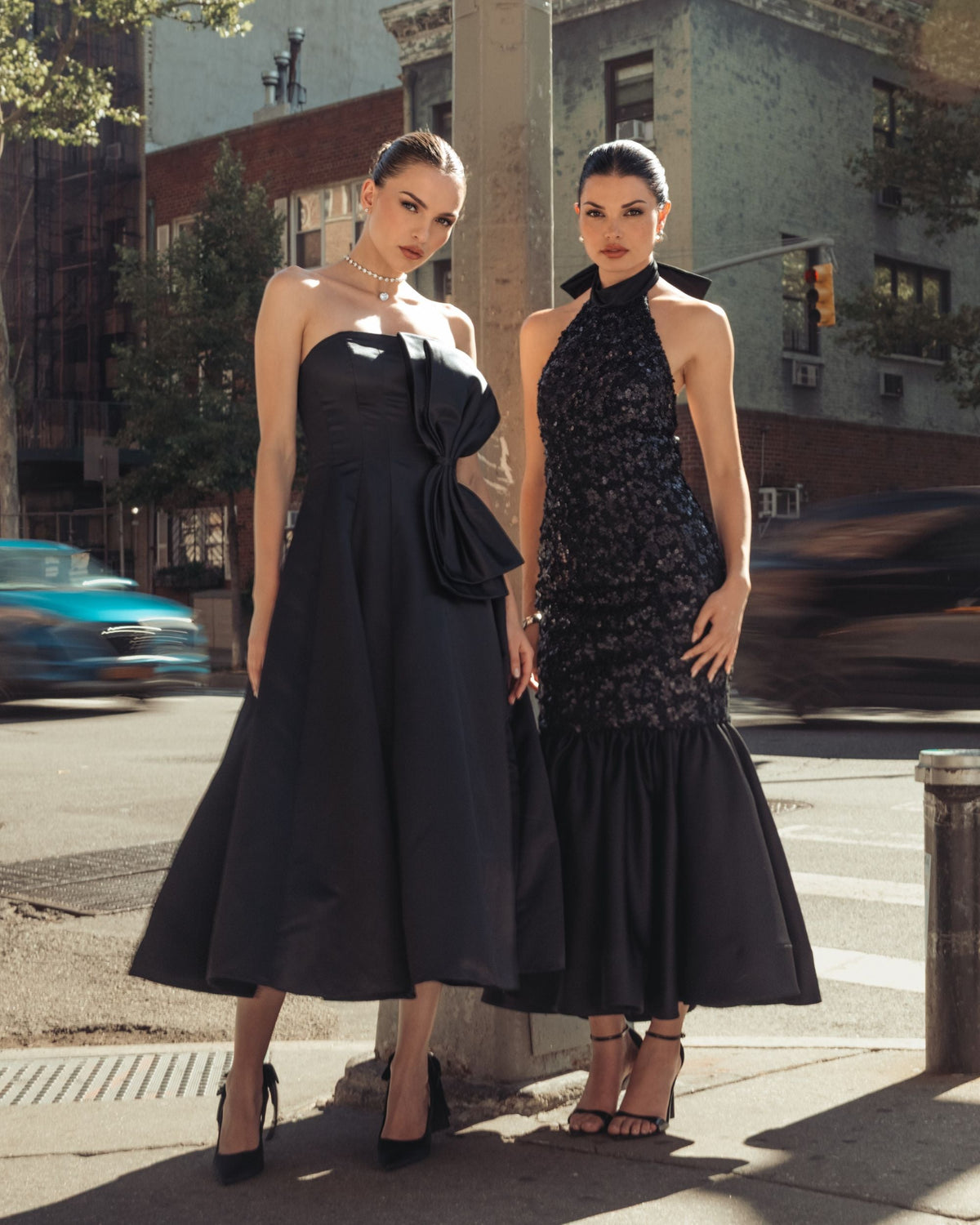 Mac Duggal Black Sequin Halter Bow Midi Dress