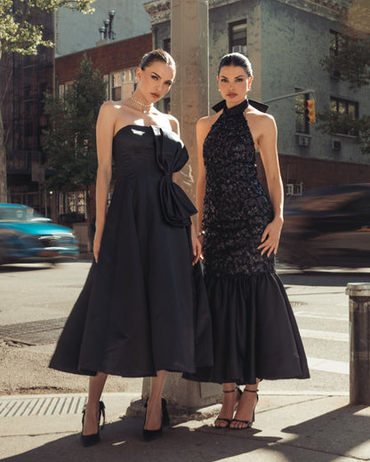 Mac Duggal Black Sequin Halter Bow Midi Dress