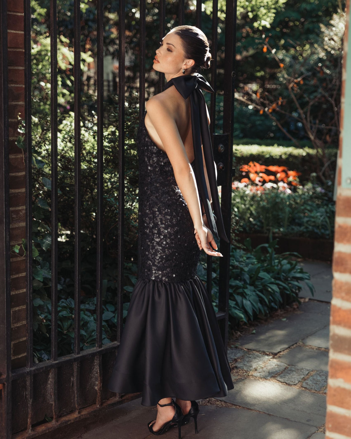 Mac Duggal Black Sequin Halter Bow Midi Dress