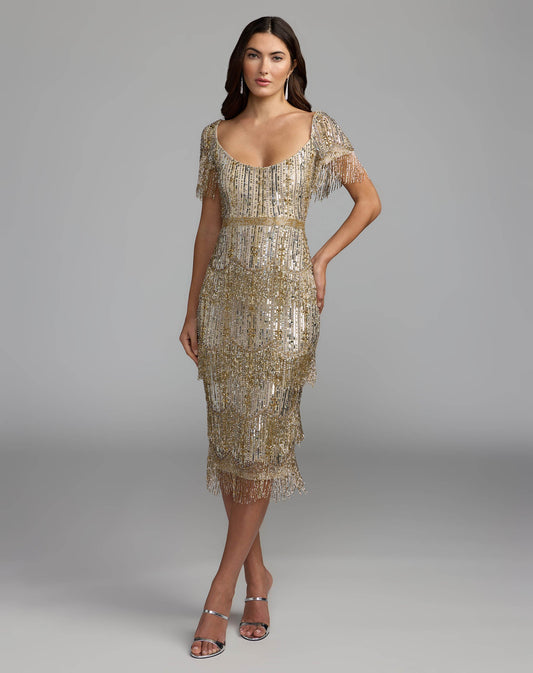 Mac Duggal Light Gold Beaded Fringe Midi Dress