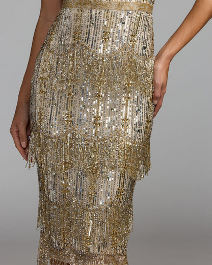 Mac Duggal Light Gold Beaded Fringe Midi Dress