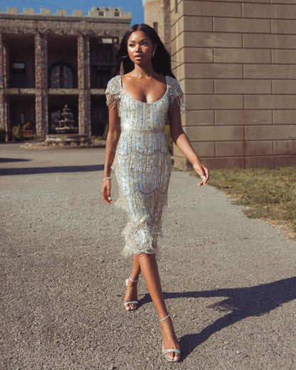 Mac Duggal Light Gold Beaded Fringe Midi Dress