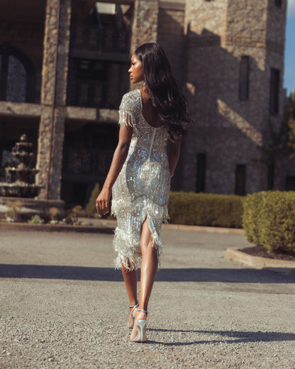Mac Duggal Light Gold Beaded Fringe Midi Dress
