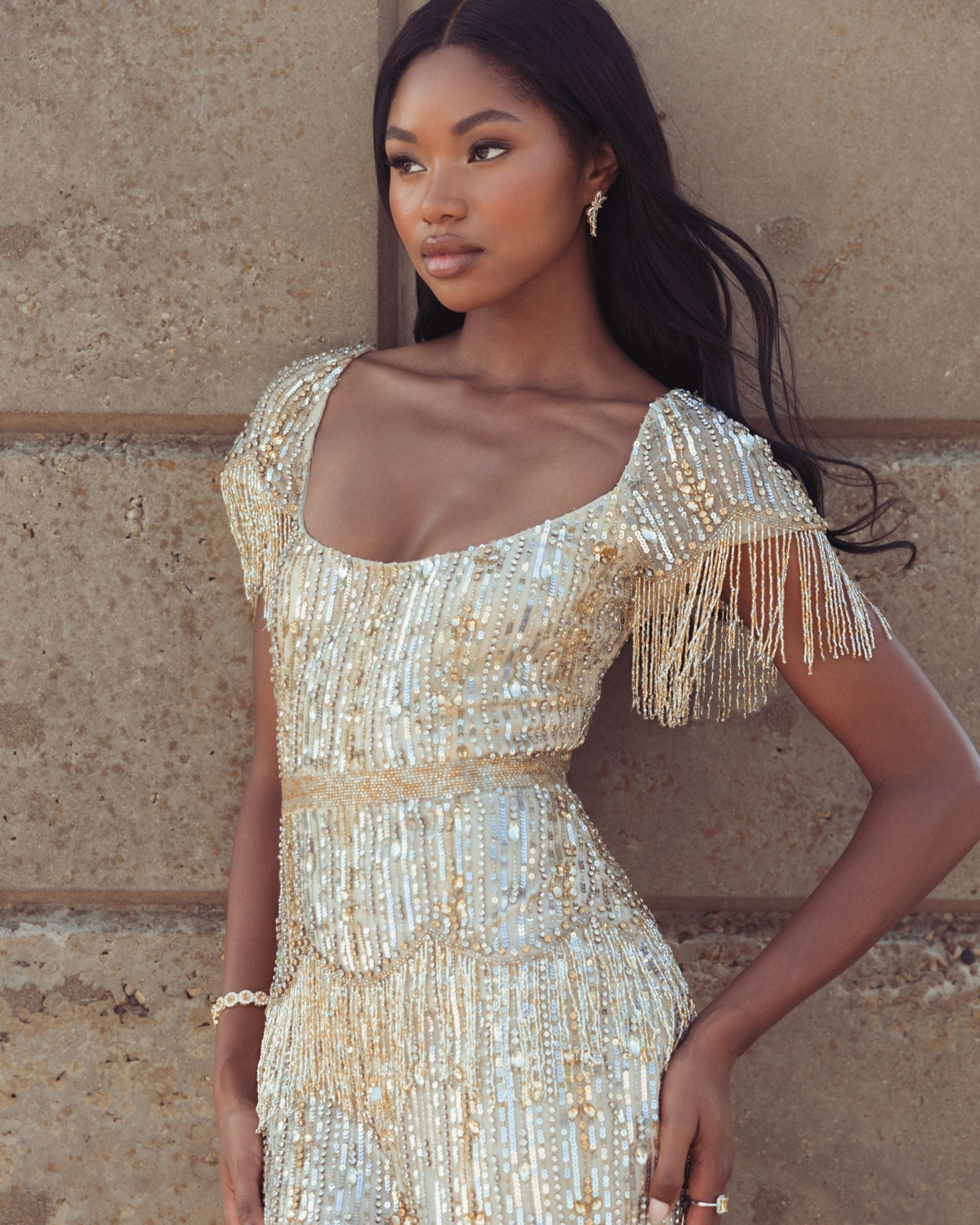Mac Duggal Light Gold Beaded Fringe Midi Dress