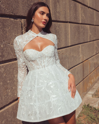 Mac Duggal Lace Long Sleeve Mandarin Collar A Line Mini Dress Duggal
