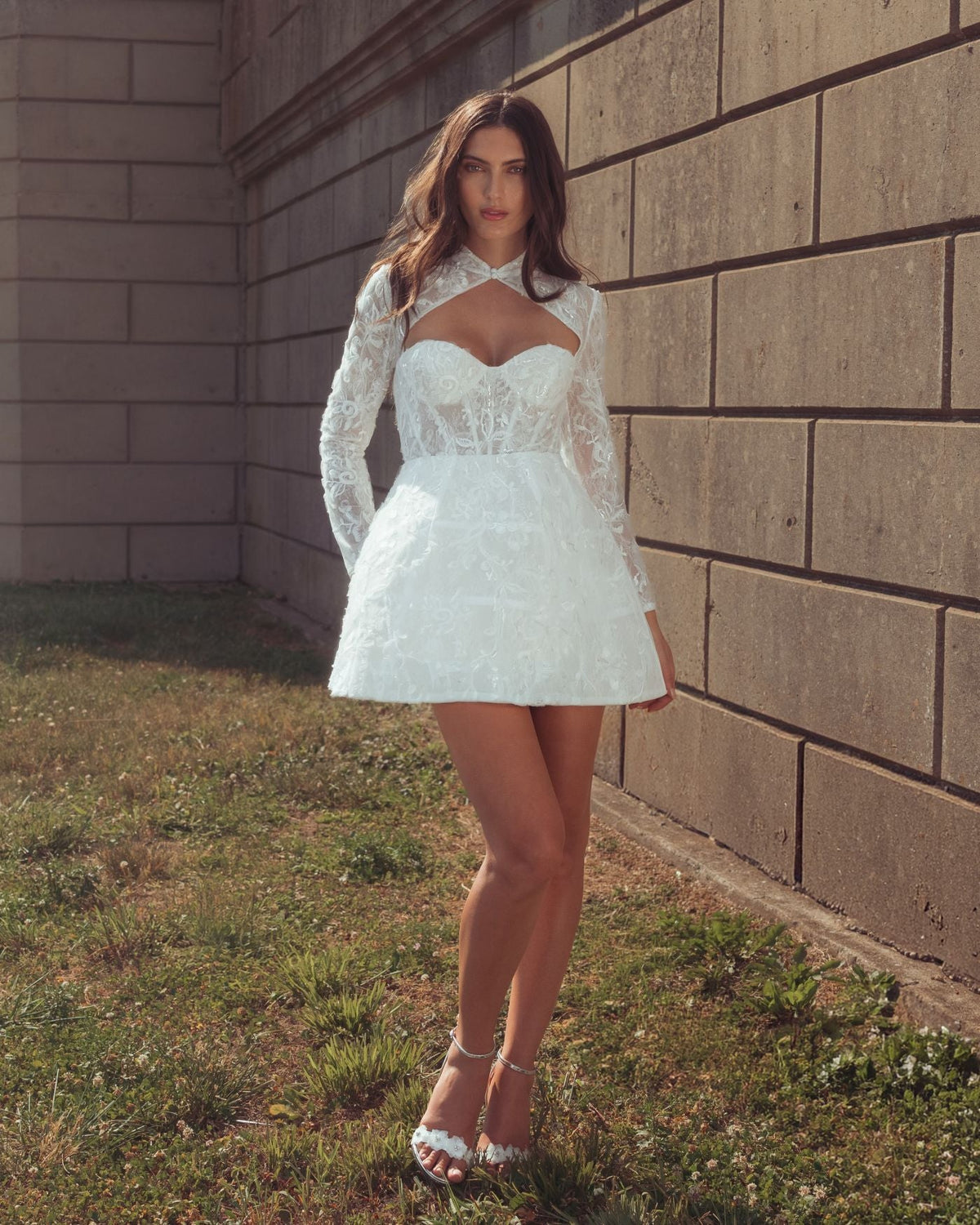 Mac Duggal Lace Long Sleeve Mandarin Collar A Line Mini Dress Duggal
