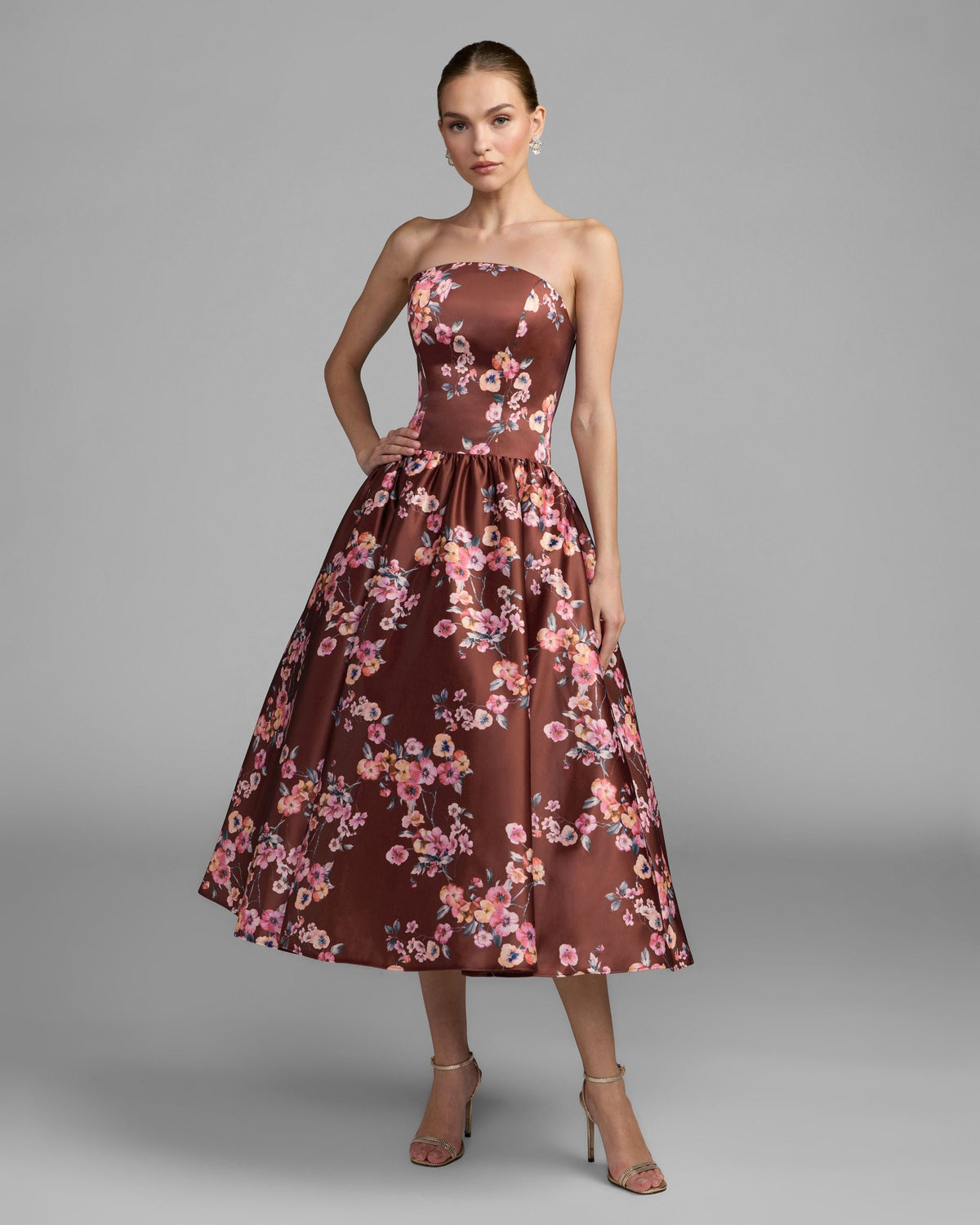 Mac Duggal Burgundy Floral Print Strapless A-Line Midi Dress