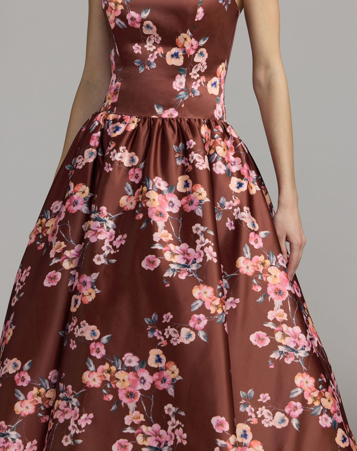 Mac Duggal Burgundy Floral Print Strapless A-Line Midi Dress