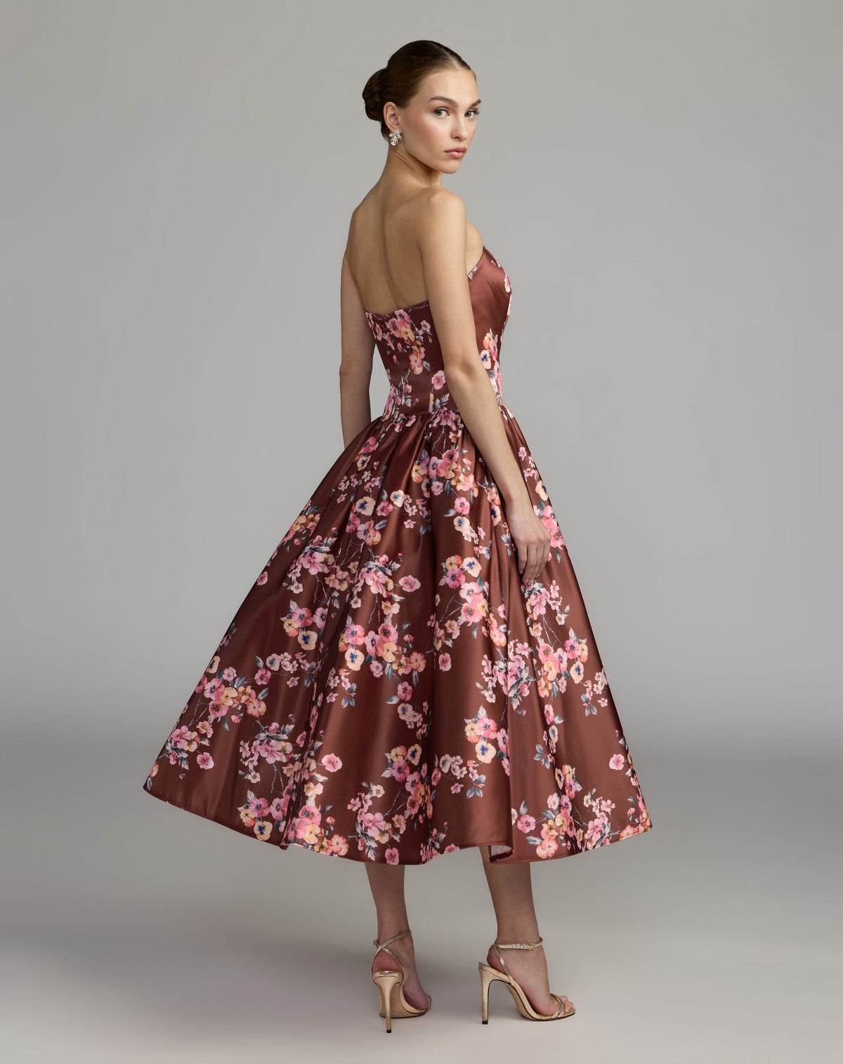 Mac Duggal Burgundy Floral Print Strapless A-Line Midi Dress