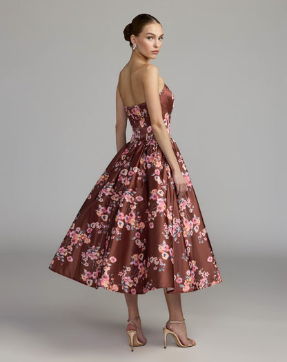 Mac Duggal Burgundy Floral Print Strapless A-Line Midi Dress