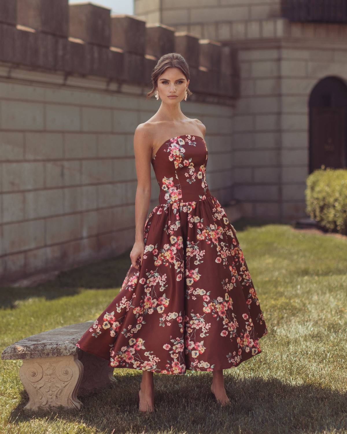Mac Duggal Burgundy Floral Print Strapless A-Line Midi Dress