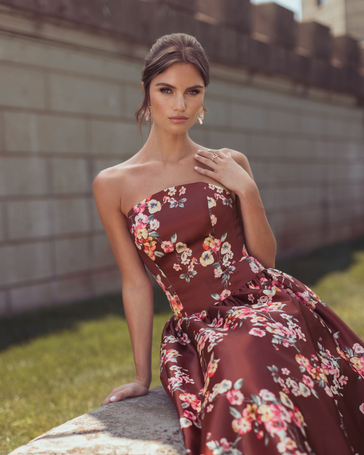 Mac Duggal Burgundy Floral Print Strapless A-Line Midi Dress