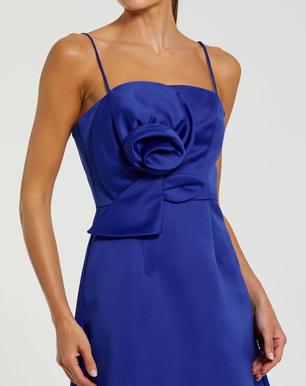 Mac Duggal Blue Satin A-Line Mini Dress With 3D Rose Detail