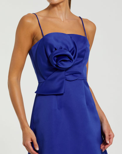 Mac Duggal Blue Satin A-Line Mini Dress With 3D Rose Detail