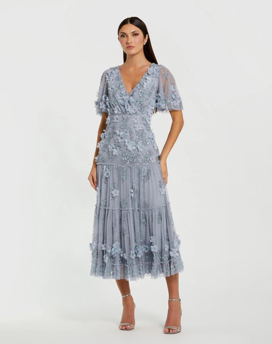 Mac Duggal Blue Floral Embellished Flutter Sleeve Dress