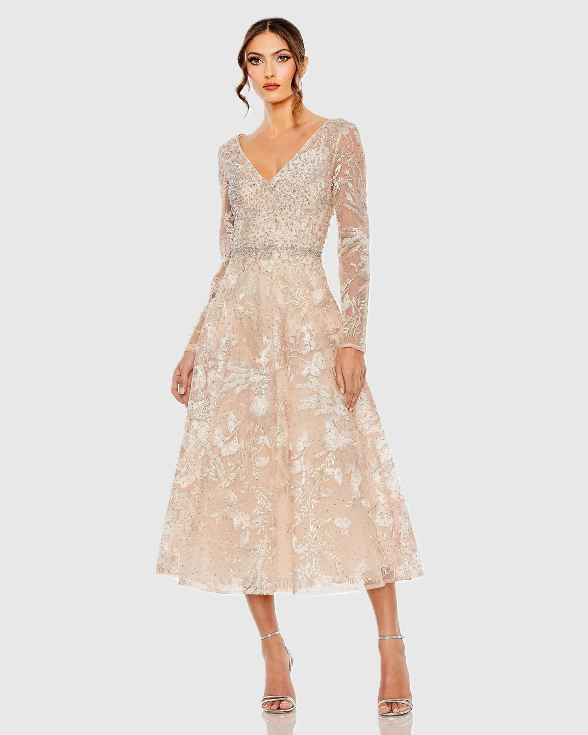 Mac Duggal Light Pink Embroidered Long Sleeve Midi Dress