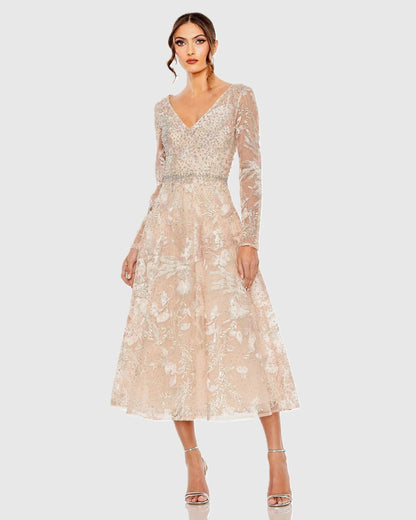 Mac Duggal Light Pink Embroidered Long Sleeve Midi Dress