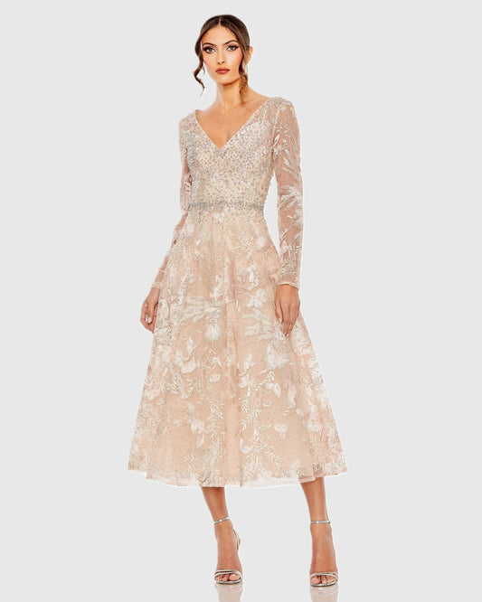 Mac Duggal Light Pink Embroidered Long Sleeve Midi Dress