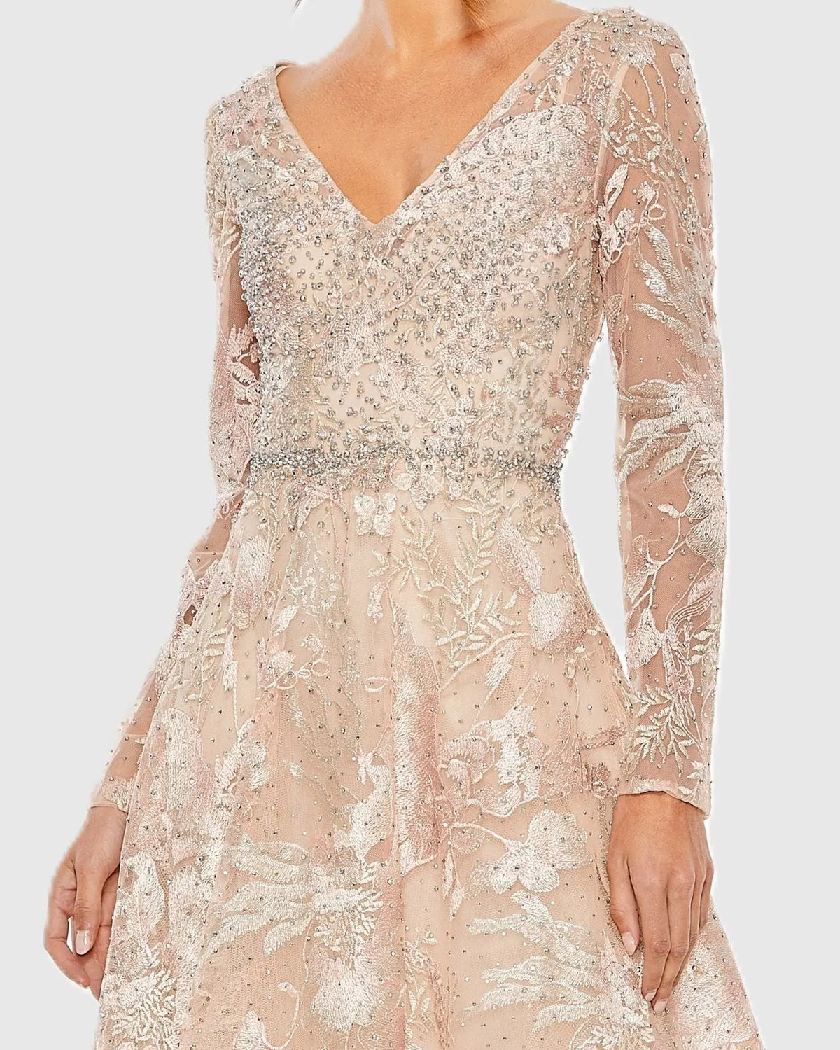 Mac Duggal Light Pink Embroidered Long Sleeve Midi Dress