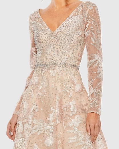 Mac Duggal Light Pink Embroidered Long Sleeve Midi Dress
