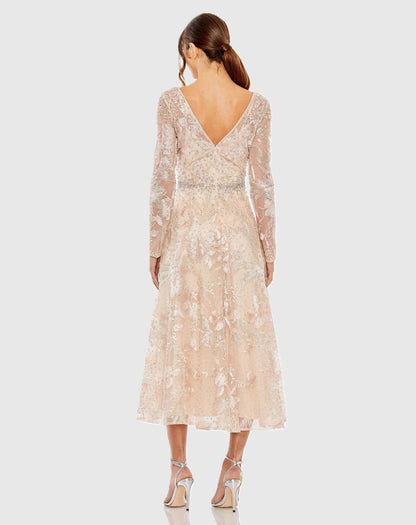 Mac Duggal Light Pink Embroidered Long Sleeve Midi Dress